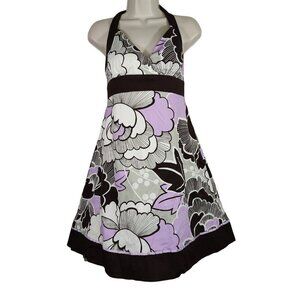 Ruby Rox Retro A-line Swing Halter Dress Juniors Size 13 Brown Purple Floral